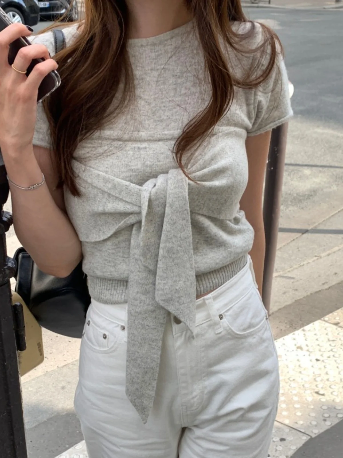 

Knot Tube Top Vest Women's Anti-Aging Versatile round Ne Slimming ort Sve Knitted Sweater Top Set Trendy