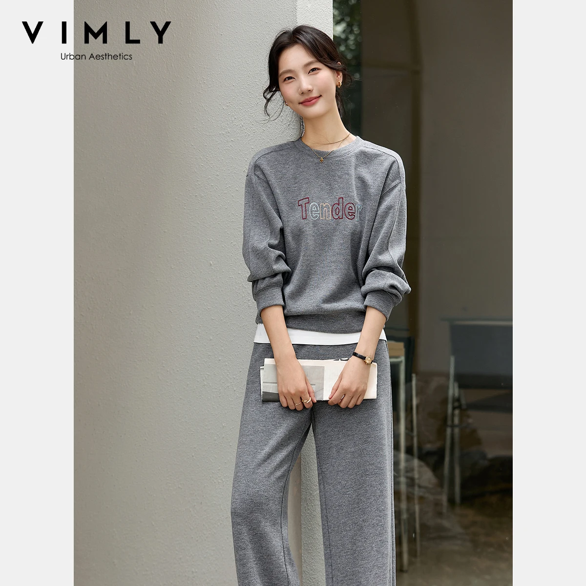 

VIMLY Women's Grey Tracksuit Set Letter Embroidery Full Sleeve Tops Baggy Long Pants Fall 2025 Ladies Two Pieces Outfits A2221
