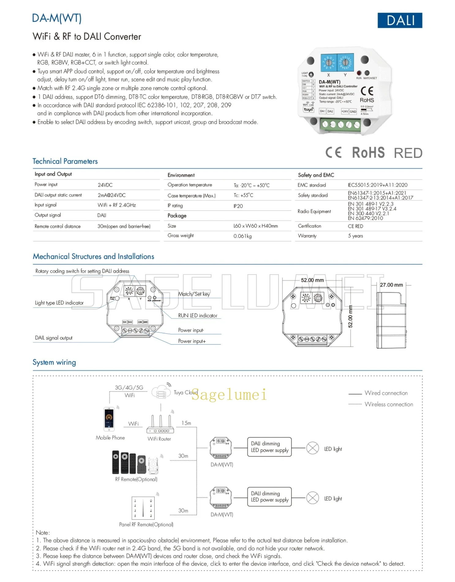 DA-M/DA-M(WZ/WT) WiFi / Zigbee & RF To DALI  Dimmer Controller Smart Life Tuya APP For Single Color CCT RGB RGBW RGB+CCT Light