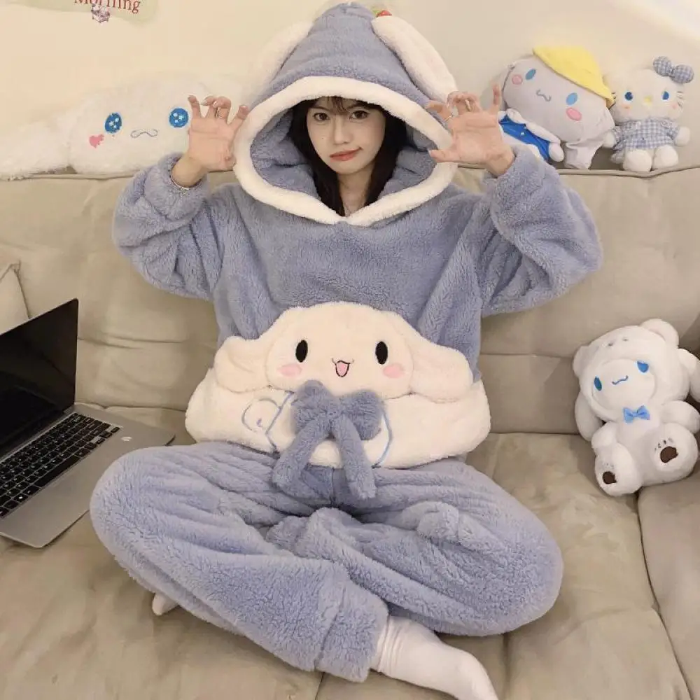 Kawaii Kuromi Women Pajamas Set Sanrio Cinnamoroll Pochacco My Melody Anime Cartoon Cute Coral Velvet Thickened Nightwear Winter
