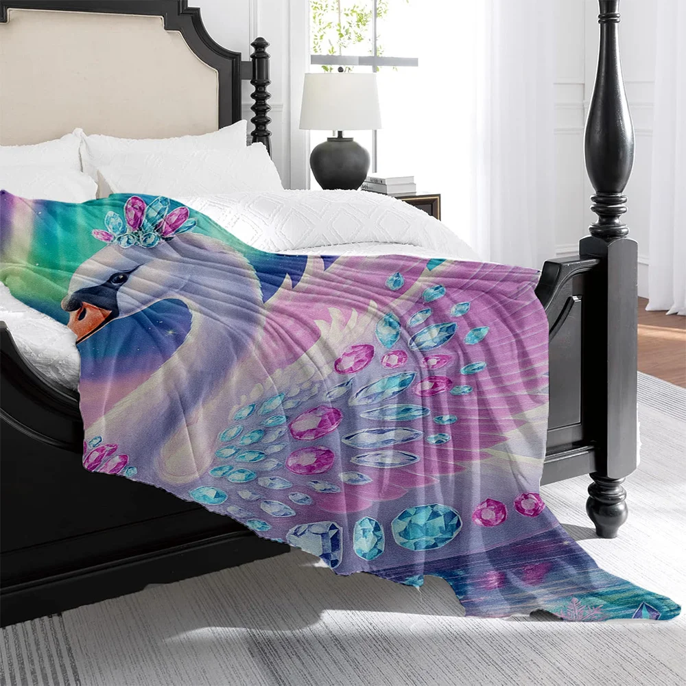 1pc Luxurious Flannel Blanket - Soft Pink Swan with Gemstones, Heavyweight All-Season Throw for Couch, Bed, Travel, Office  Mac
