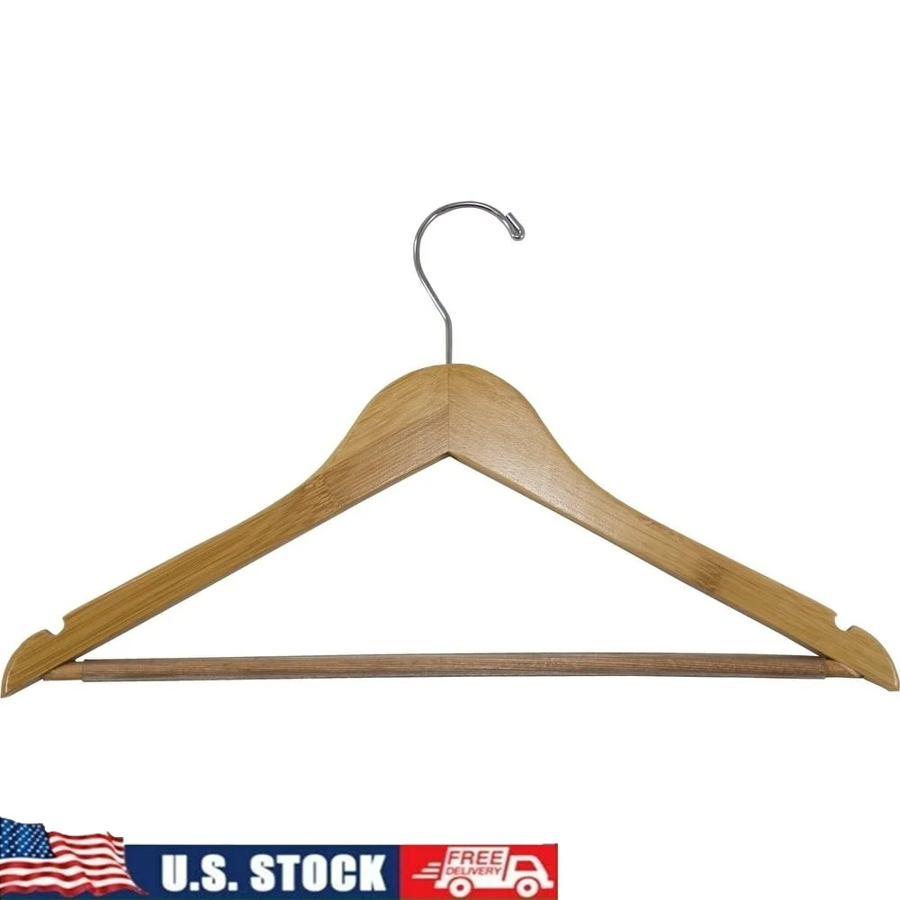 

Eco-Friendly Bamboo Suit Hangers with Black Vinyl Bar 17 Inch Flat Wooden Hangers with Chrome Hook Set of 12