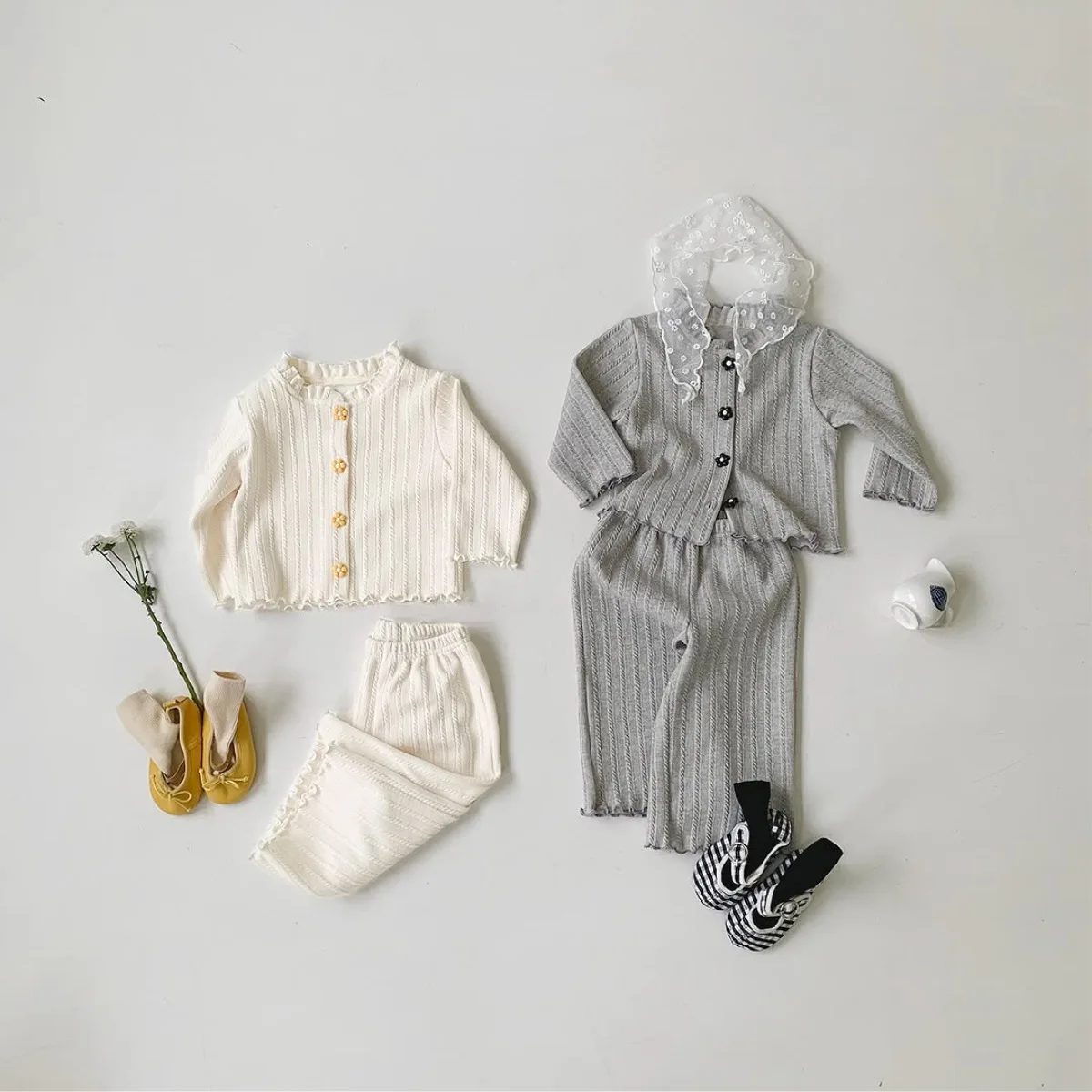 2025 Autumn New Baby Long Sleeve Home Clothes Set Infant Girl Lace Collar Cardigan + Pants 2pcs Suit Toddler Girls Solid Outfits