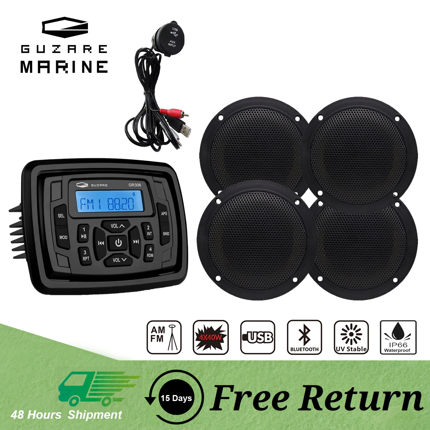 

GUZARE MARINE Stereo Radio Boat Bluetooth FM AM Audio System Receiver + 4Pcs 4Inch Waterproof Speakers + USB Audio Cable