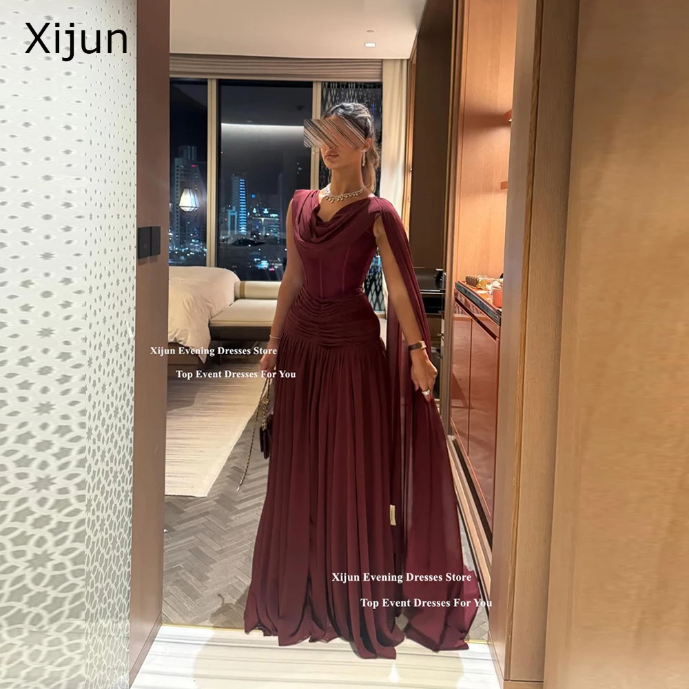 

Xijun бордовые шифоновые вечерние платья трапециевидной формы с накидкой и рукавами, плиссированные вечерние платья для выпускного вечера, макси-платья для выпускного вечера с разрезом 2026 по индивидуальному заказу