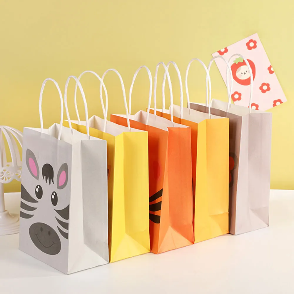 6PCS Jungle Animals Paper Bag Cartoon Lion Tiger Zebra Gift Bag for Jungle Party Decorations Kids Gift Cookies Packaging Bags