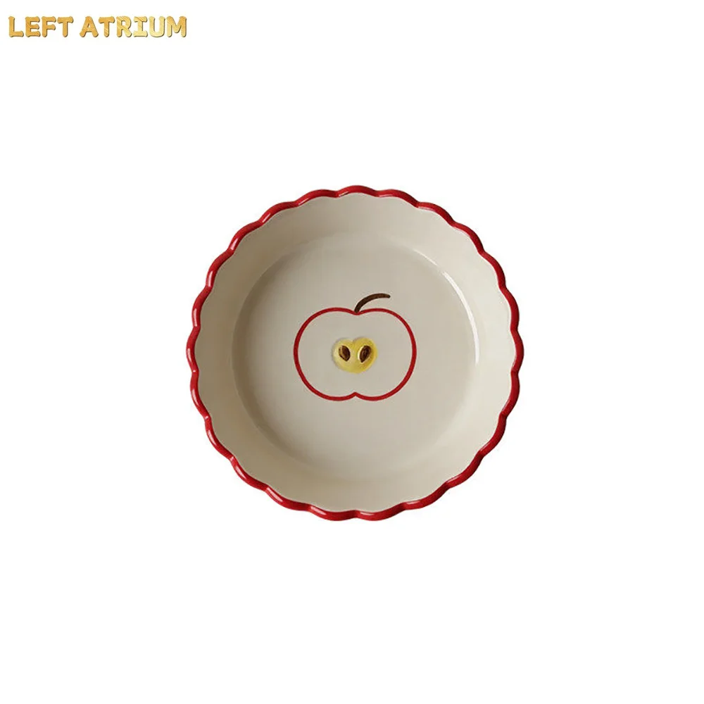 Creative Ceramic Plate Cute Apple Relief Wave Edge Porcelain Tableware Afternoon Tea Dessert Cake Oats Plates Kitchen Supplies