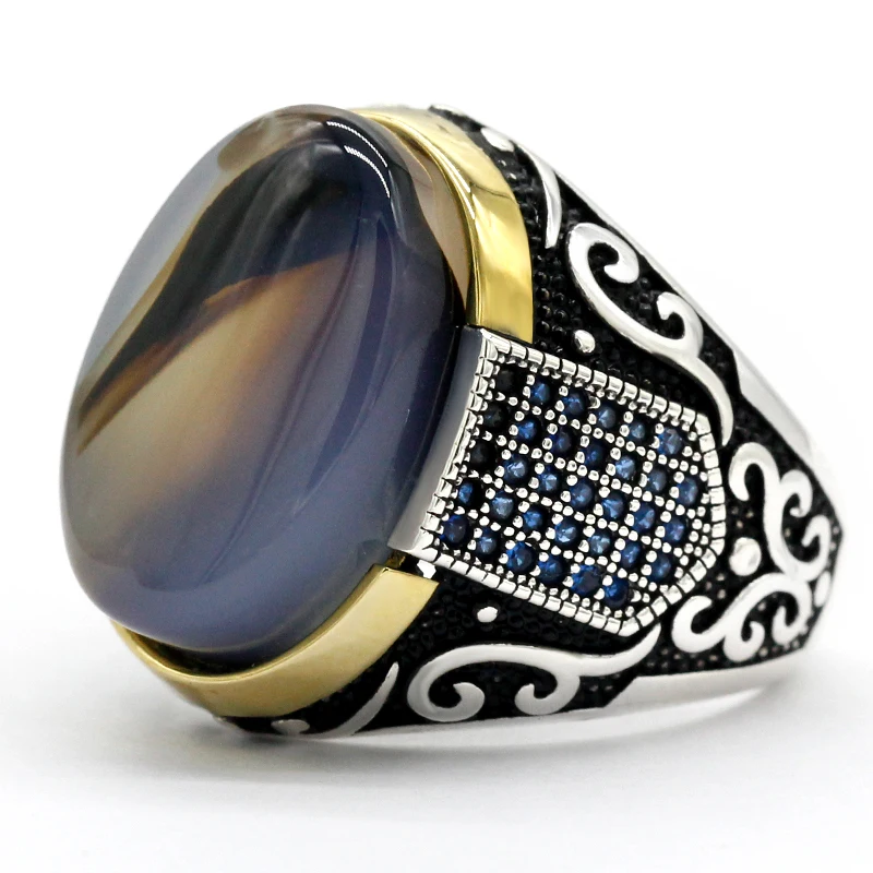 Trendy Gold Sterling Silver Rings For Women Men Antique Turkish Natural Agate Stone Ring Zircon Ring Men's Punk Rock Jewelry