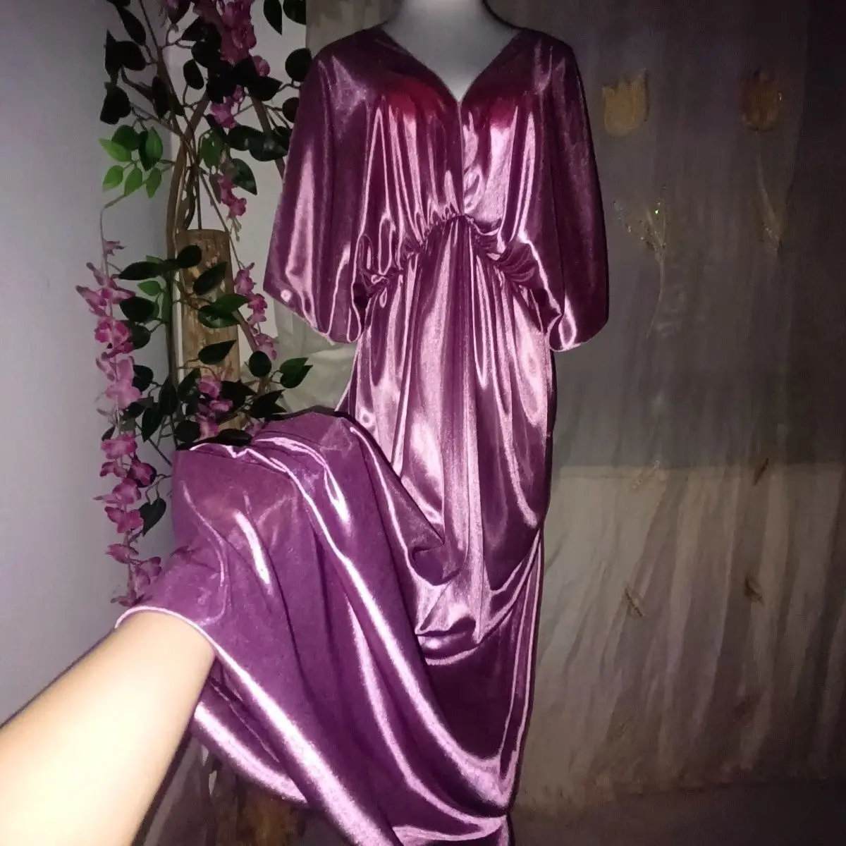 

Solid Glossy Backless Women Satin Loose Maxi Dress Deep V Neck Plus Size Sexy Sleeping Robe