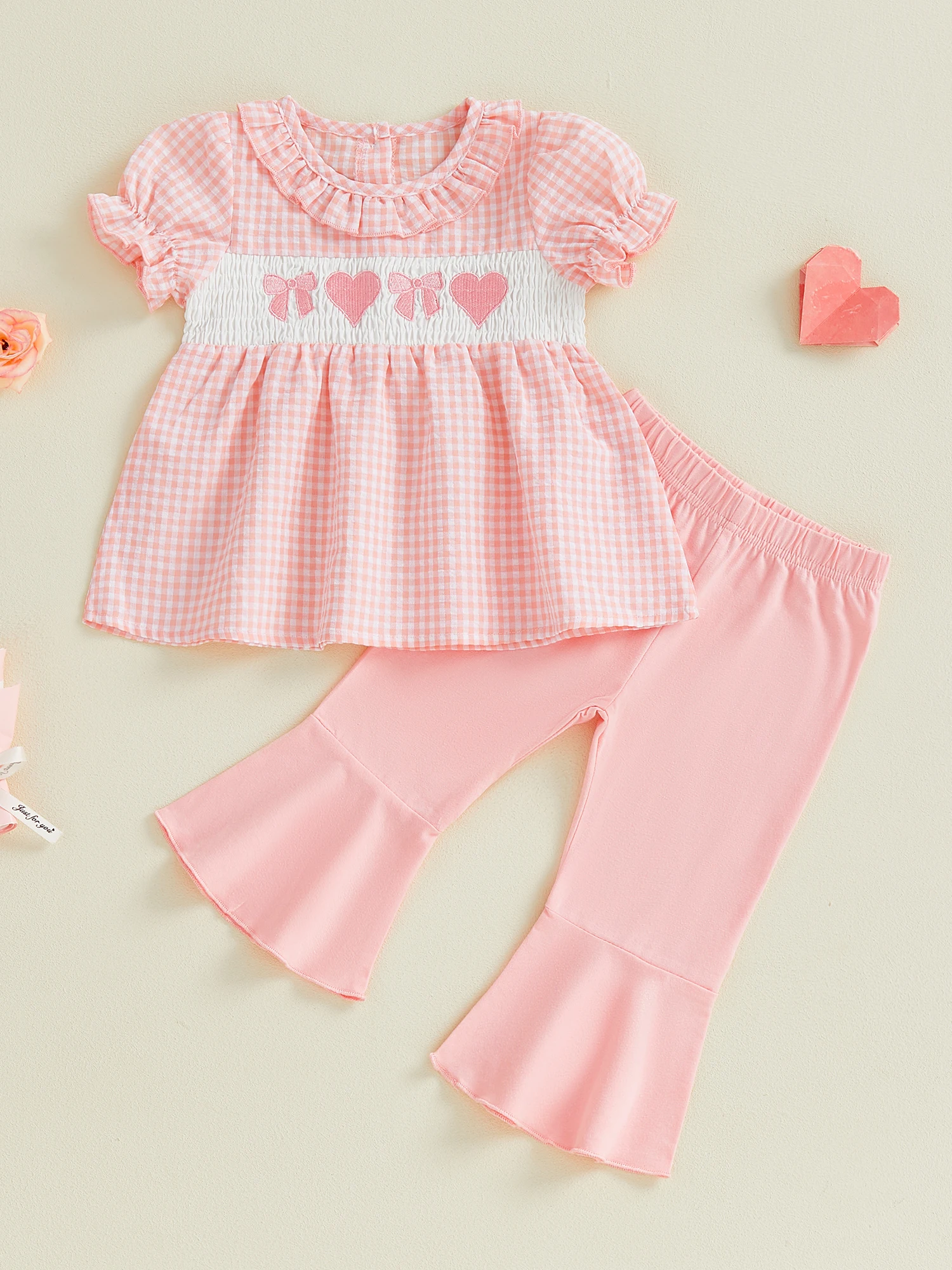 Adorable ensemble de saint-valentin pour petites filles, haut à manches volantées, imprimé cœur, taille élastique, pantalon évasé, 2 pièces