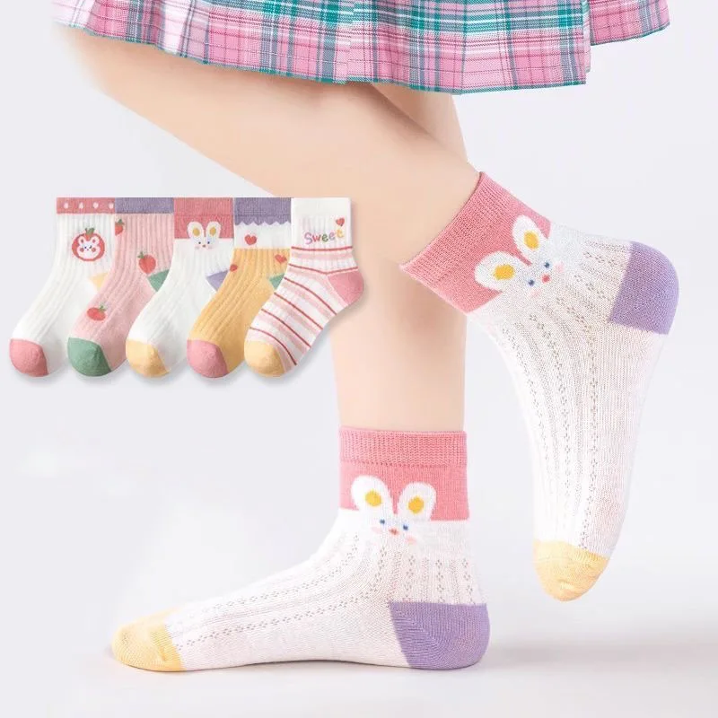 

5Pair Girl Mesh Socks Cartoon Rabbit Kids Sport Socks Summer Hollow Breathable Children Middle Tube Sock 1-14Years Baby Footwear