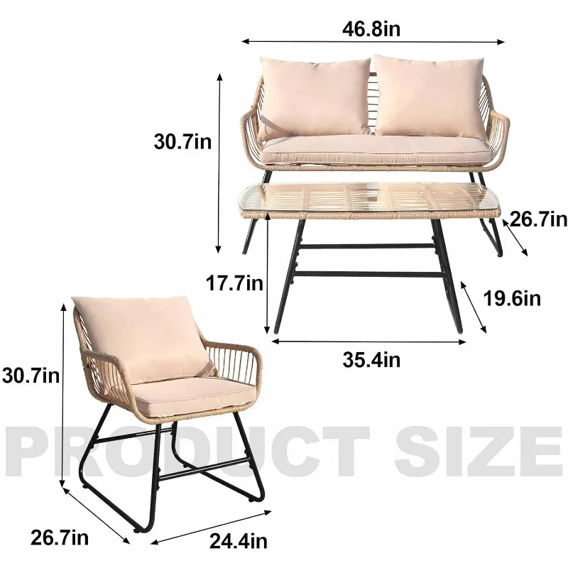 Outdoor Rope Wicker Patio Conversation Set, All-Weather Rattan Conversation Chairs for Backyard, Balcony