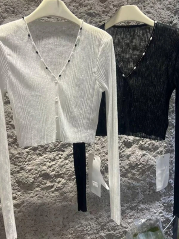 

Slim Fit, летний новый женский вязаный открытый кардиган из ледяного шелка, тонкая защита от солнца, модная верхняя одежда, V-ne Long Sve Regul...