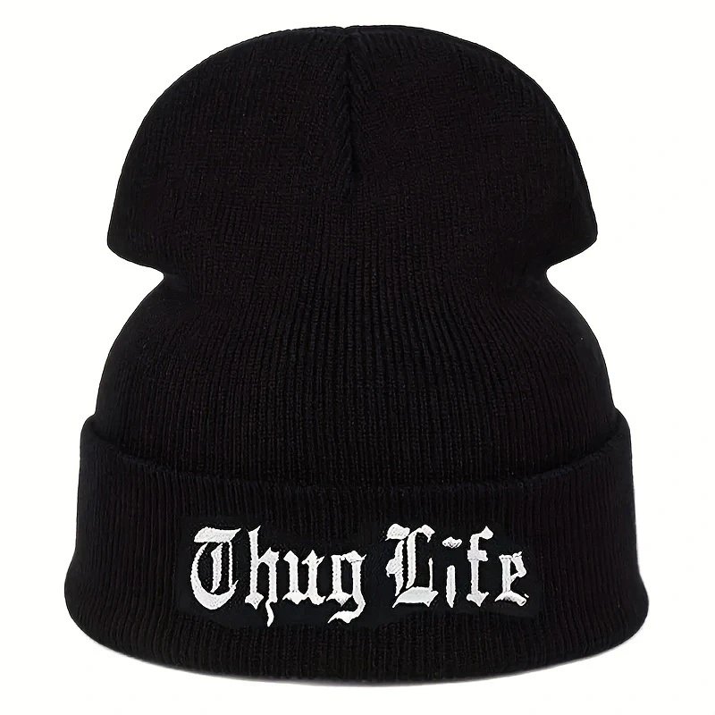 Ski caps for men and women Y2K wind knit cap, wool hat embroidered letters THUG LIFE Beanie Warm Cold Hat