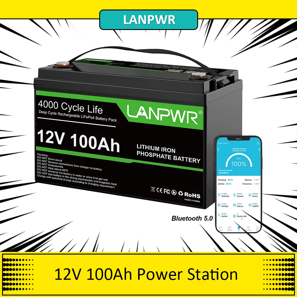 LANPWR 12V 100Ah LiFePO4 Battery Pack, 1280Wh Energy,  Trolling Motor with 4000+ Deep Cycles & Built-In 100A BMS, with Bluetooth