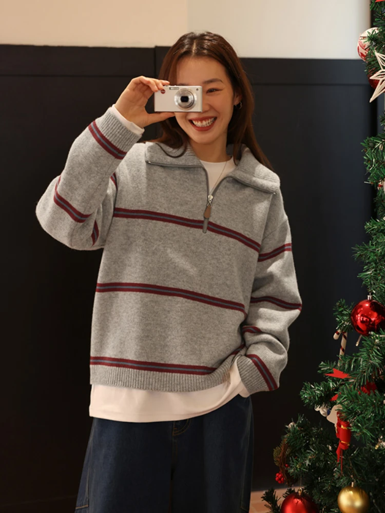 Zipper Striped Sweater Retro Contrast Korean Fashion Autumn/Winter Sweaters for Women 2024 LOOSE Grey Long Sleeve Knit Pullovers