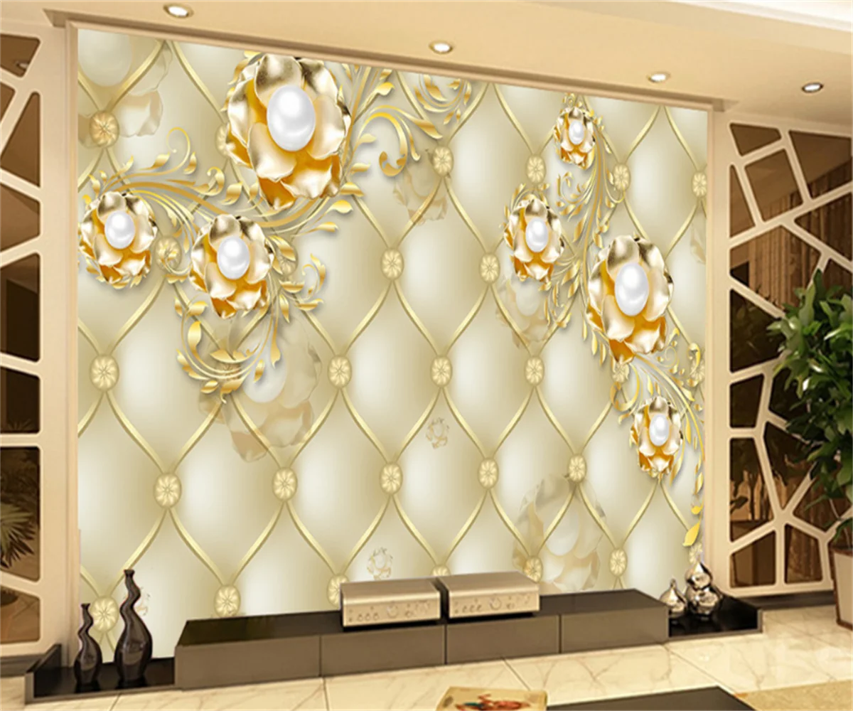 

European-style soft bag imitation leather pearl gold flower living room background wallpaper custom 3D any size wallpaper mural