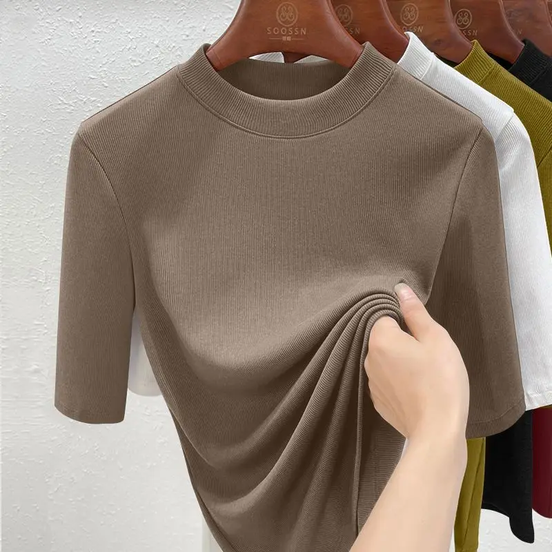 قميص نسائي صغير برقبة دائرية قميص صيفي جديد بأكمام متوسطة تي شيرت علوي