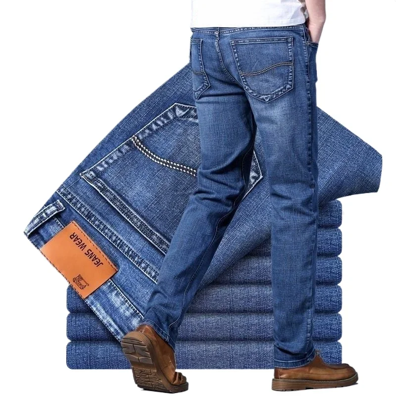 

Осенние новые джинсы, свободные, большого размера, прямые, эластичные, повседневные, трендовые, деловые, узкие, мужские, удобные для взрослых, для джентльменов