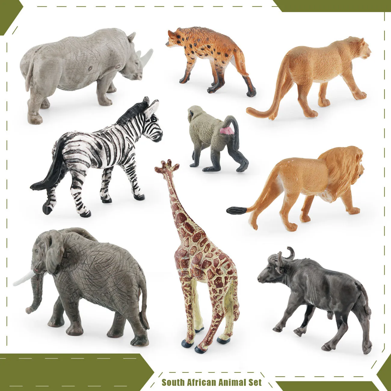 Animales de África del Sur simulados, cebra, León, jirafa, Lioness, rinoceronte blanco, elefante africano, modelo de juguete, adornos, 9 piezas