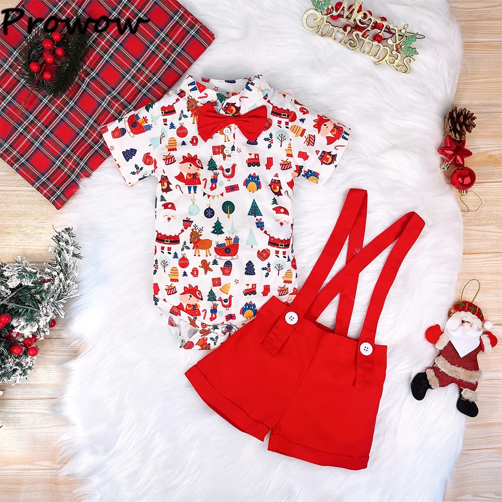 Prowow My First Baby Boys Christmas Outfits Animals Print Bodysuit and Red Suspender Shorts New Year Baby Costume Boys Sets