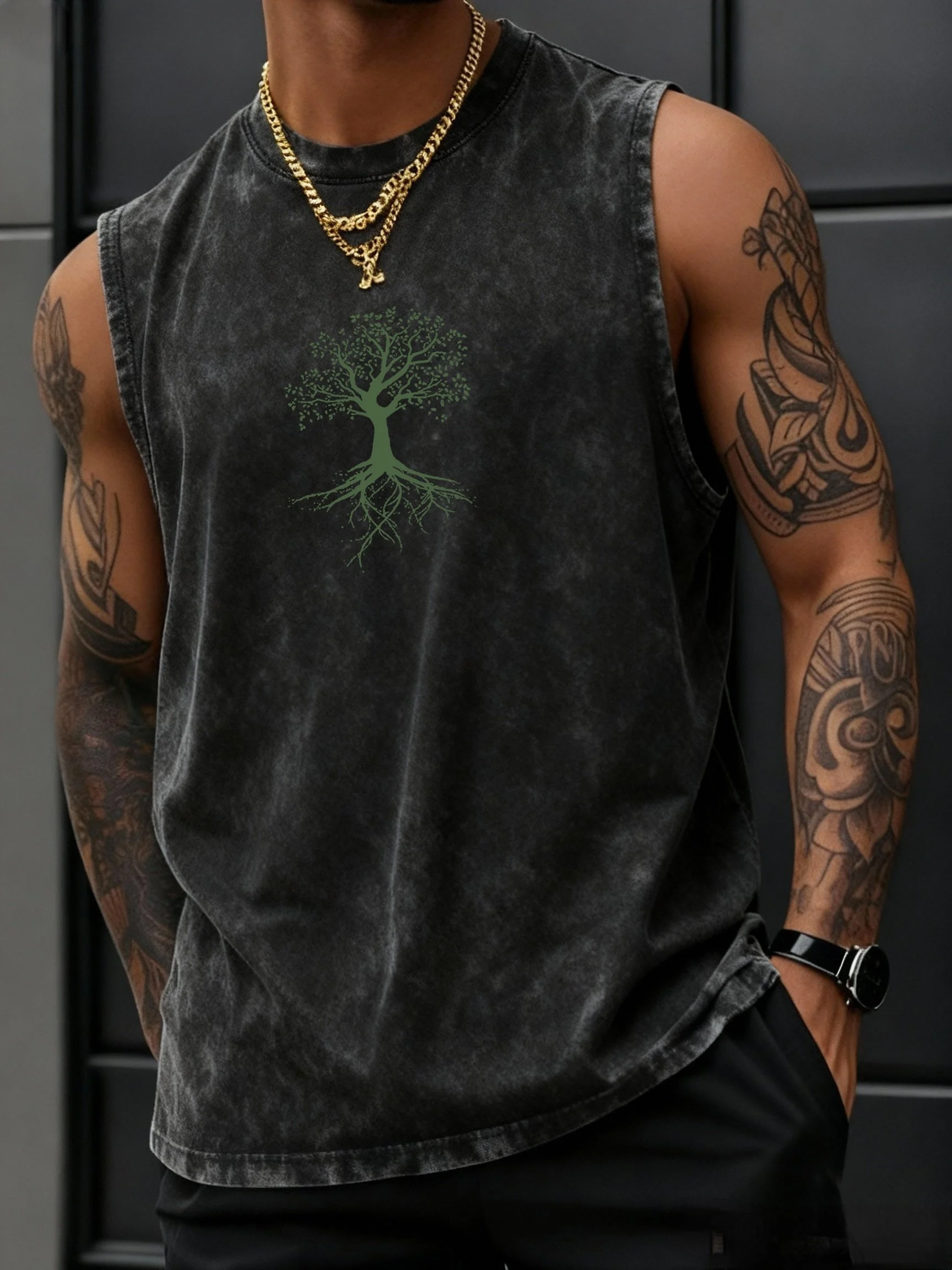 Herren Oversize Vintage Washed 100% Baumwolle Ärmelloses Tanktop 2026 Trend Lebensbaum-Print Lässige Outdoor-Workout-Weste – Detail 17