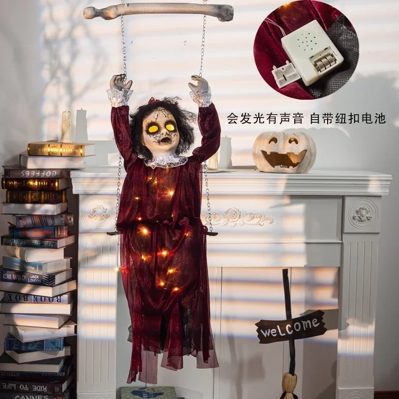 Хэллоуин качающаяся цепочка висит призрак голосовой активированный светящийся череп дом с привидениями ужас украшения кулон реквизит