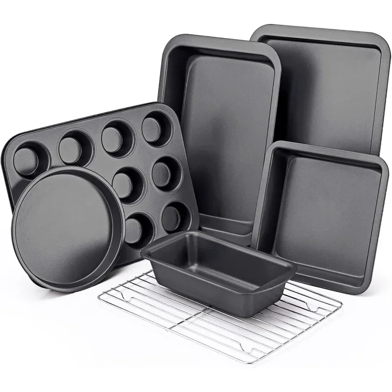 Baking Pans Sets, Nonstick Bakeware Sets 7-count with Round/Square Cake Pan, Loaf Pan, Muffin Pan, Cookie Sheet, Roast Pan