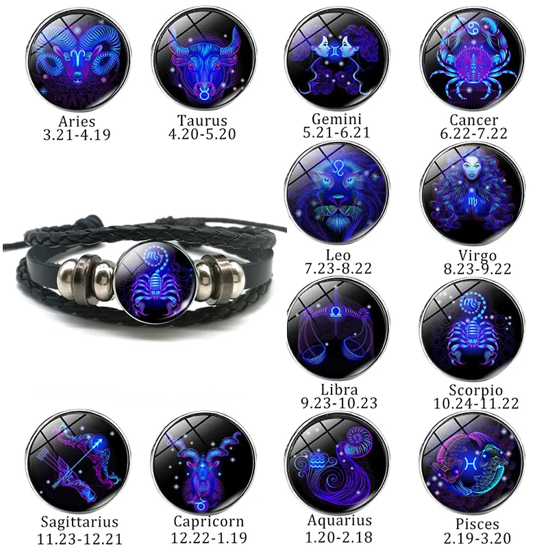 Glowing In The Dark 12 Constellation Leather Wrap Bracelet Punk Zodiac Braided Bracelet for Women Men Gifts Drop Shipping