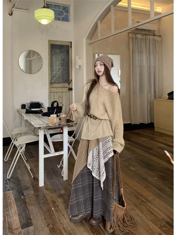 

Ретро-комплект из вязаного топа с открытыми плечами и юбки с высокой талией для женщин, модный асимметричный дизайн