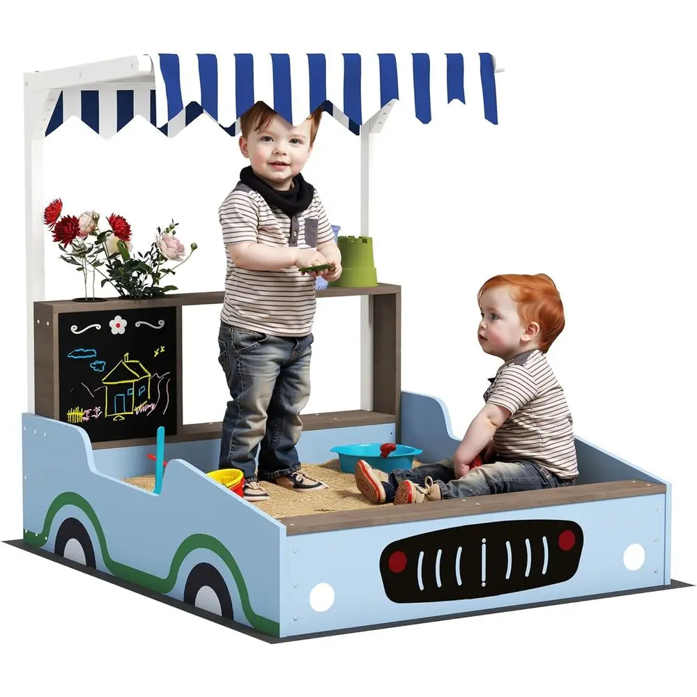 

Wooden Sandbox with Grocery Store Theme, Outdoor Play Area, Benches, Sand Pit, Garden, Suitable for Ages 3-7, Blue