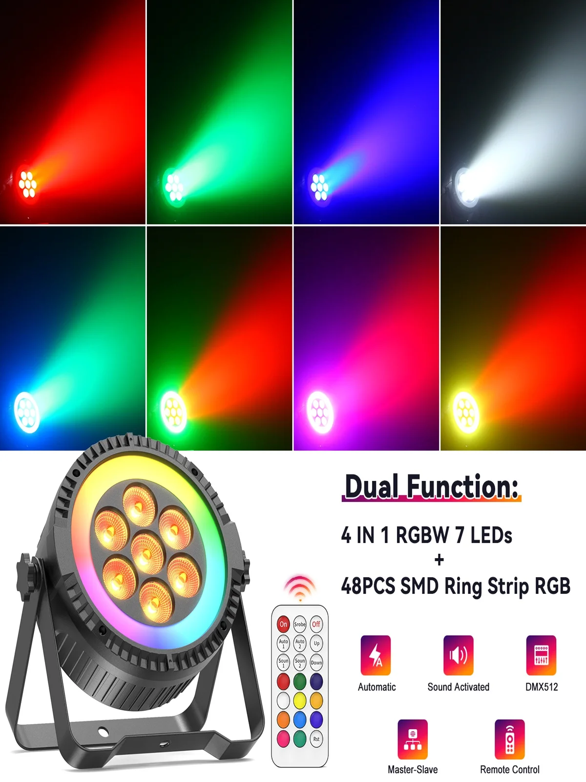 Yiflamefly 4er-Set 7-RGBW-LEDs Par-Scheinwerfer mit 48-SMD-RGB-Ringstreifen, DMX-Bühnenbeleuchtung, Stroboskop-DJ-Lichter für Nachtclub, Party, Bar, KTV