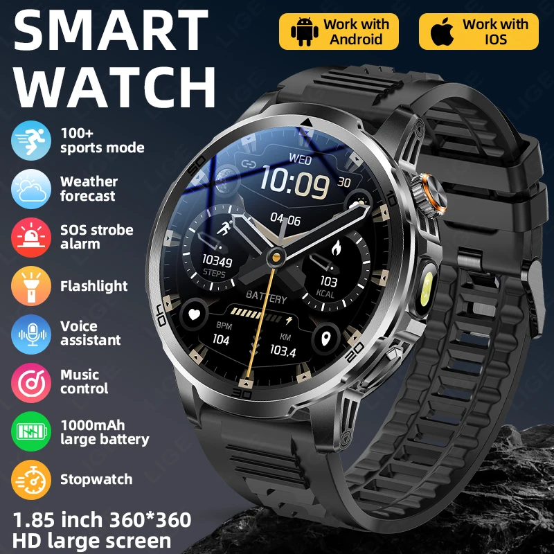 

LIGE 1000mAh Battery Smart Watch Men Large Capacity Flashlight Bluetooth Call IP68 Waterproof Outdoor Sport Fitness Smartwatch
