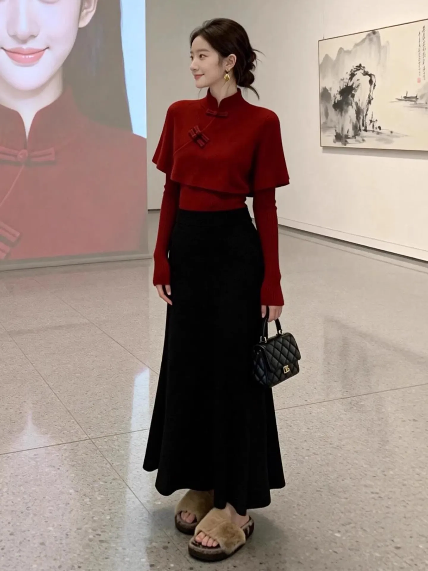 

Красный новый китайский вязаный свитер с воротником-стойкой для женщин, осенне-зимний, приталенный, красивый топ на пуговицах спереди, повседневный крой