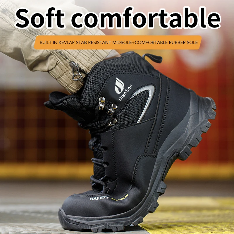 Black Leather Work Boots Safety Steel Toe Men Breathable Safety Shoes  Indestructible Puncture-Proof Non Slip Work Boots