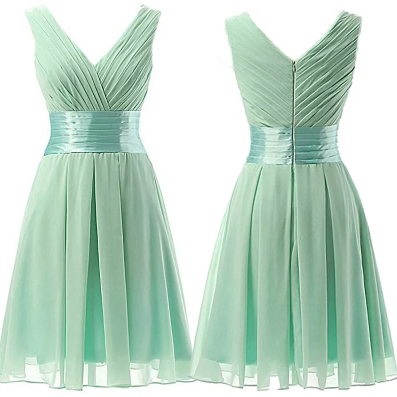 A Line Chiffon Knee Length V Neck Pleat Off Shoulder Bridesmaid Dresses Wedding Party Evening Prom Birthday Cocktail Zipper Back