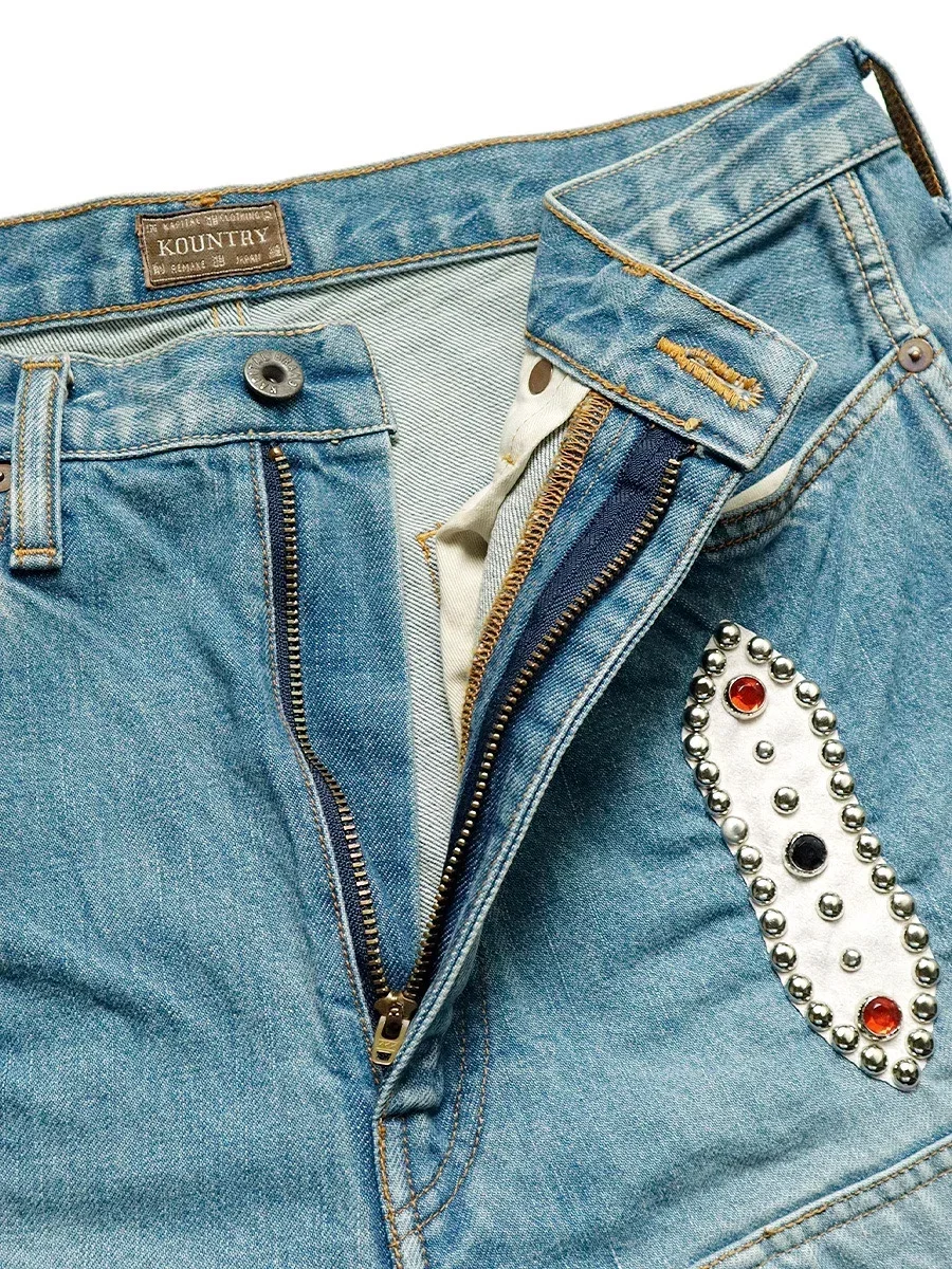 اليابان غير كابيتال هيراتا هيروشي 23SS جديد الأزرق مصبوغ الرجعية صنع القديمة غسل فضفاض برشام مطعمة جوهرة الدنيم السراويل الجينز #4