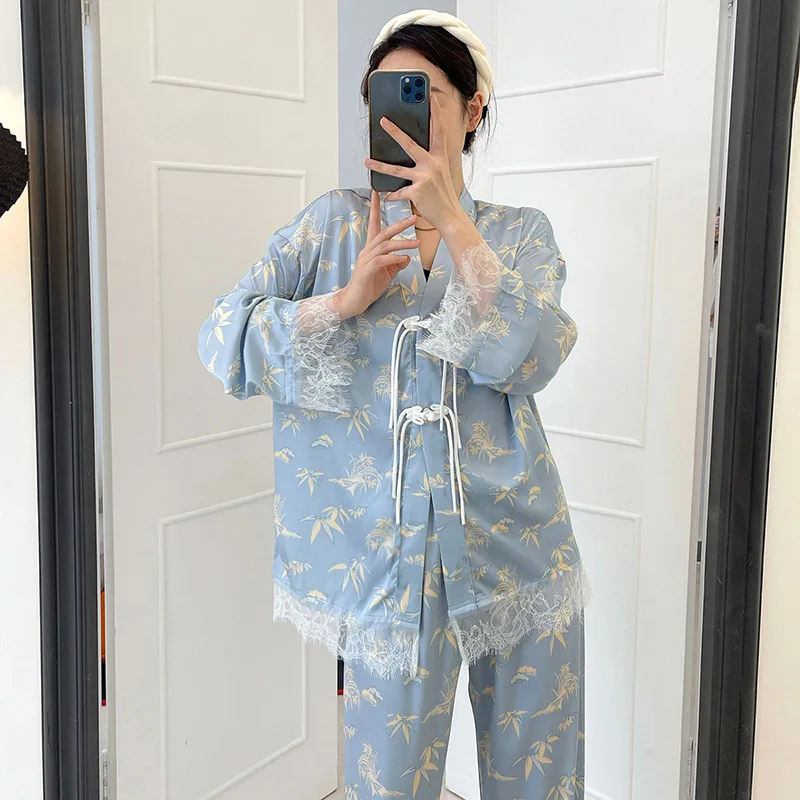 Spring Summer Chinese Style Silk Pajamas Cool V Neck Light Blue High-grade Luxury Homewear Lace Trim Youth Lady\'s Loungewear Set