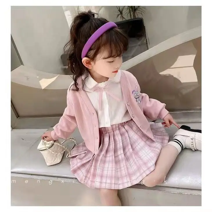 Girls\' Suit 2022 Spring Fashionable Three-Piece Suit Preppy Style Knitted Cardigan Coat Shirt Pleated Skirt Two-Piece Set