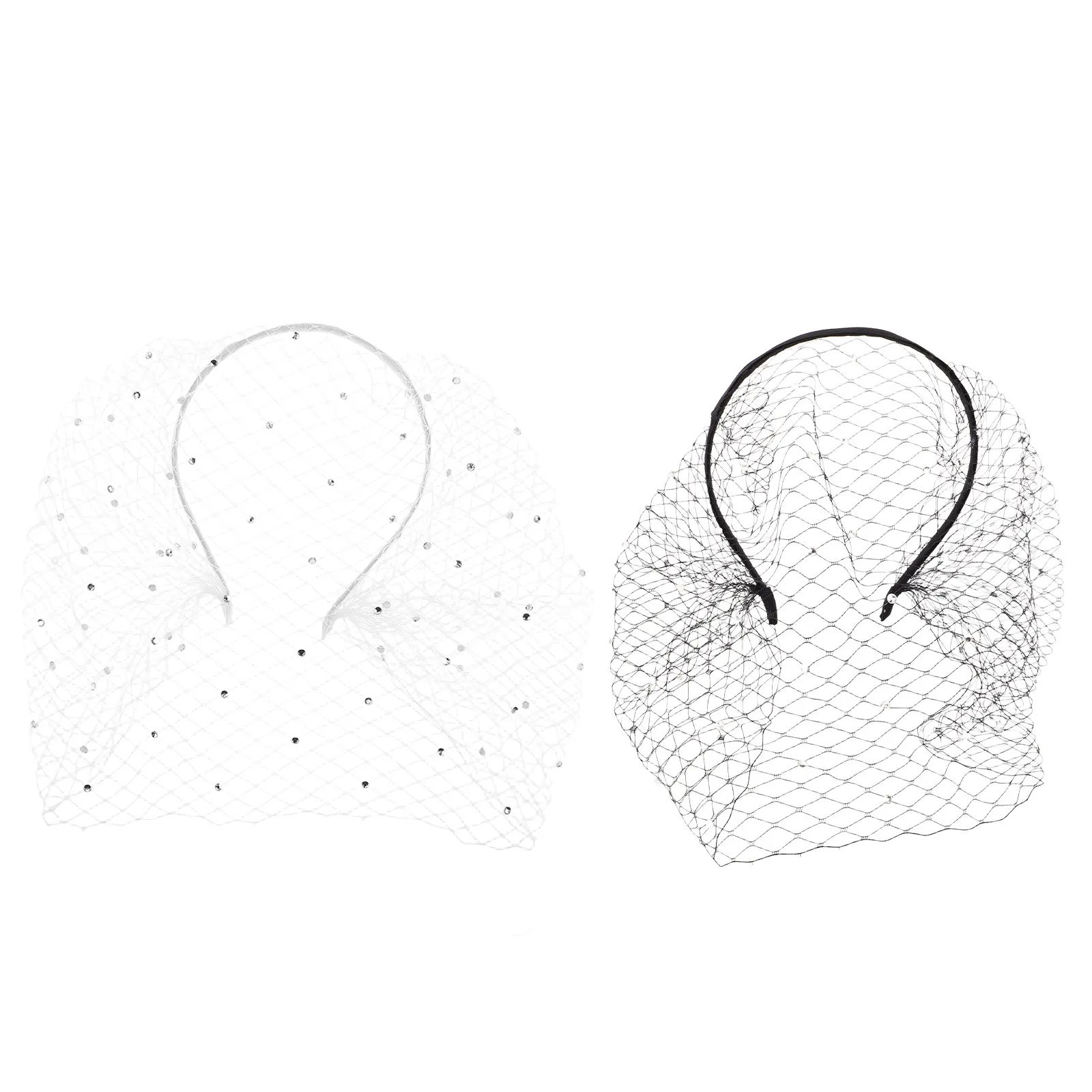 2個入り、ラインストーン付きメッシュのブライダルベールヘッドバンド、ヴィンテージ風ウェディングヘアアクセサリー、エレガントなパーティーヘアアクセサリー、黒と白。