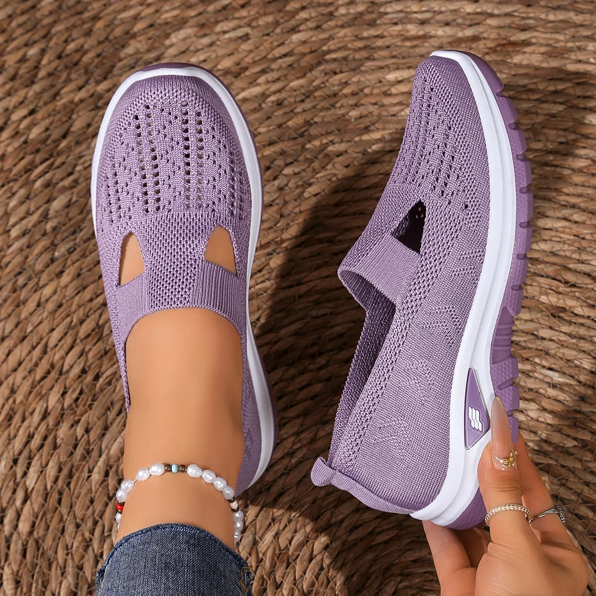 Summer Breathable Hollow Knit Women's Slip-On Shoes Non-Slip Lightweight Walking Sneakers Casual Mesh Loafers for Outdoor image 2