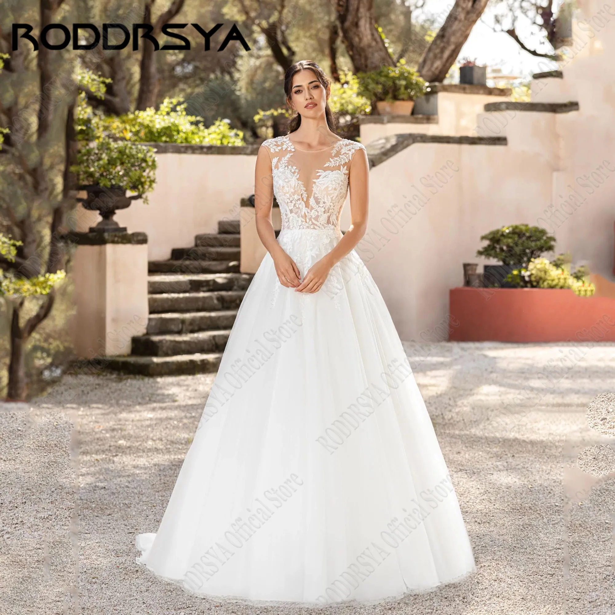 

RODDRSYA Cap Sleeves Bride Dress O-Neck A-Line Lace Applique Wedding Party Gowns Tulle Sweep Train Illusion Back Robe De Mariée