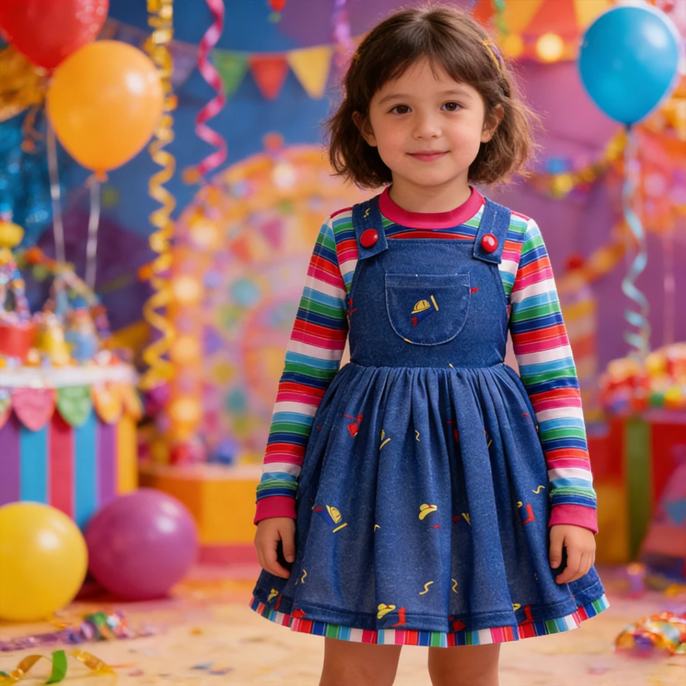 

Карнавальные наряды для малышей, костюмы для косплея из фильма ужасов Чаки в радужную полоску, комплекты из 2 предметов для детей, платье на день рождения, подарки