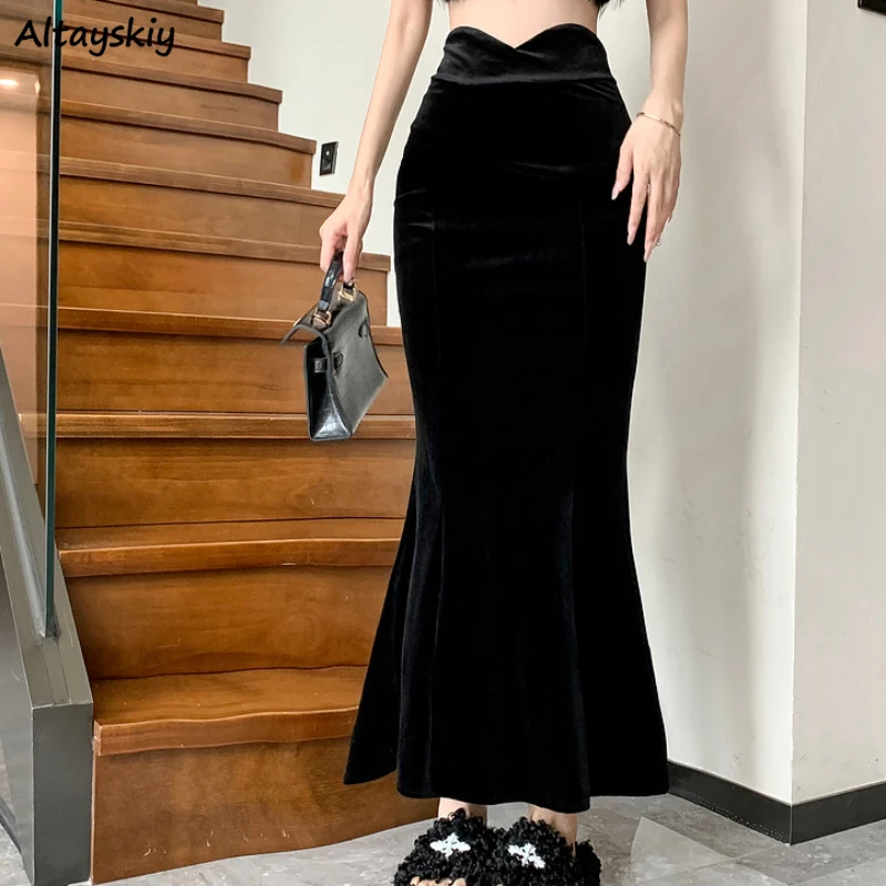 

Black Skirts Women Slim High Waist Graceful Simple A-line Ankle-length Streetwear Famous Lady All-match Casual Partywear Newly