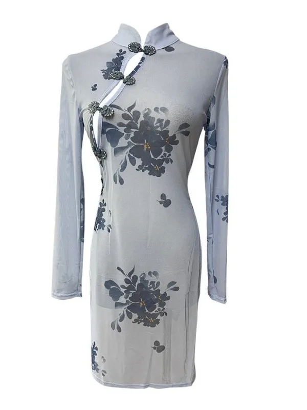 New Chinese Style Mesh Standing Neck Cheongsam Mesh Transparent Printing Sexy High Dress Elegant Fashion Tops 2024 New EMT8