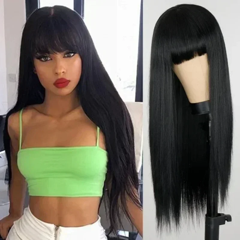New European And American Women's Long Bangs Straight Hair High-temperature Silk Synthetic Fiber Headband Available Multi Colors
