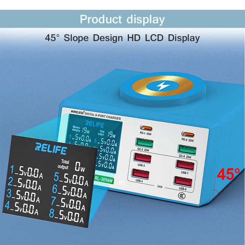 RELIFE RL-309AW RL-309A caricabatterie per Display digitale a 8 porte telefoni cellulari multifunzione tablet laptop strumenti di ricarica rapida