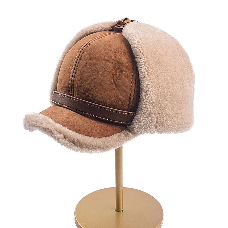 Berretto invernale Unisex con visiera in lana per uomo e donna cappelli con paraorecchie in velluto Casquette in vera pelle di pecora IL00688