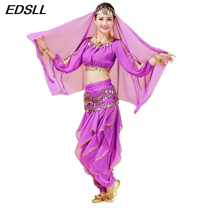 

5PCS Ladies Belly Dance Set Coins Long Sleeve Top+Swirl Pants Indian Dance Performance Costume Halloween Costume Cosplay