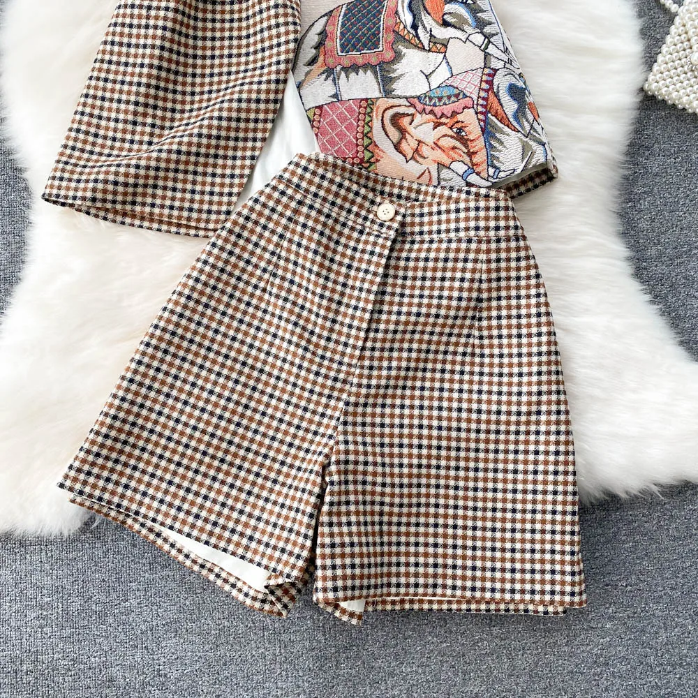 New Fashion Women\'s Plaid Blazer Suit Sleeveless Notched Collar Vest Jacket Wide Leg Shorts Pant Two-piece Sets